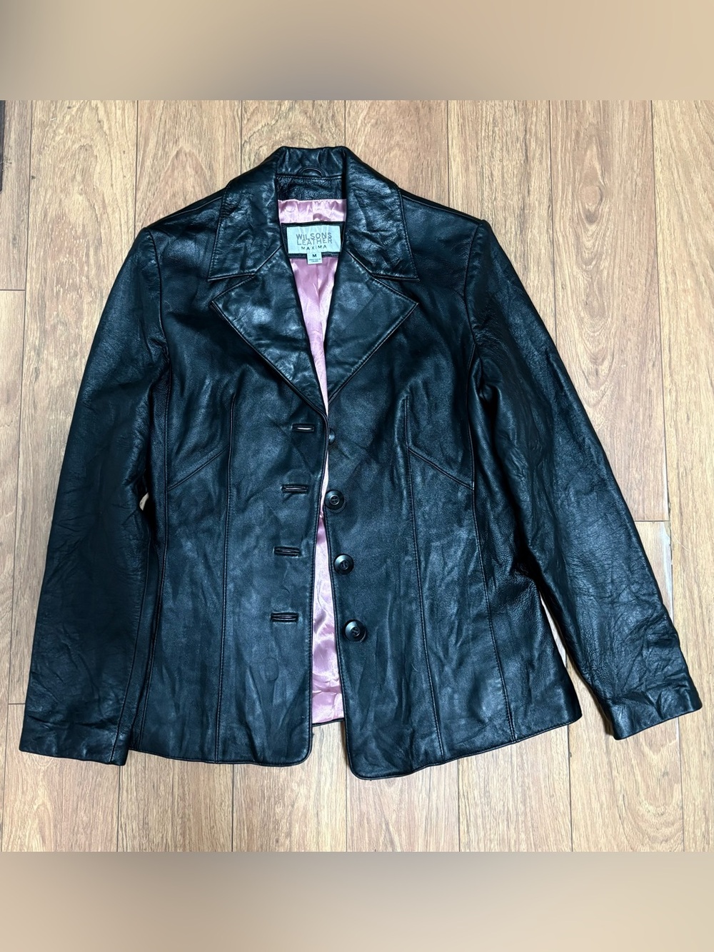 Wilsons Leather Black Women's Leather Button-Front Jacket with Pink Lining